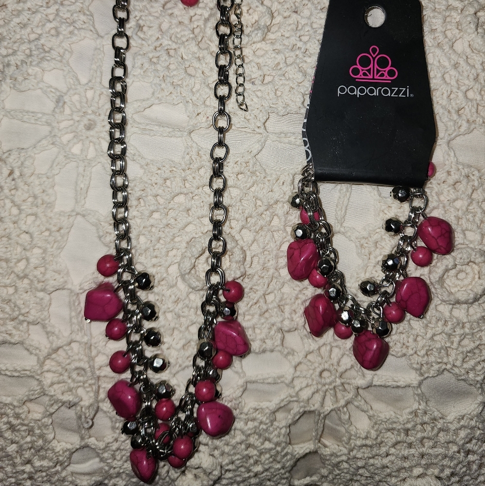 Paparazzi Practical Paleo Pink Stone Bracelet and Necklace Set